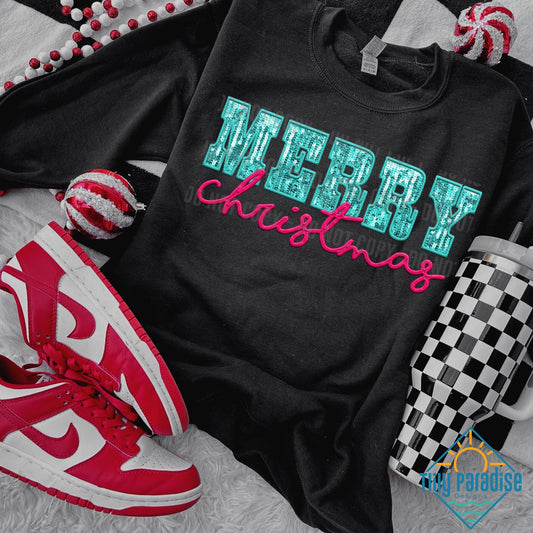 Bold Faux Turquoise and Pink Glitter 'Merry Christmas' Sweatshirt in Black