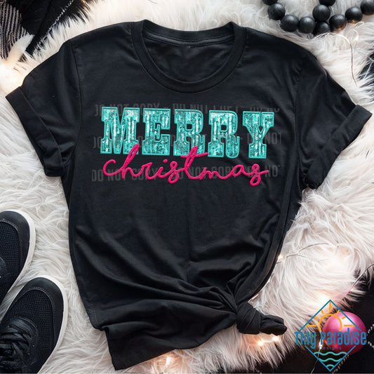 Bold Faux Turquoise and Pink Glitter 'Merry Christmas' T-Shirt in Black