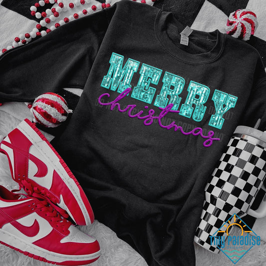 Bold Faux Turquoise and Purple Glitter 'Merry Christmas' Sweatshirt in Black