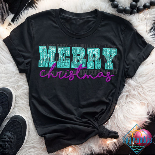 Bold Faux Turquoise and Purple Glitter 'Merry Christmas' T-Shirt in Black