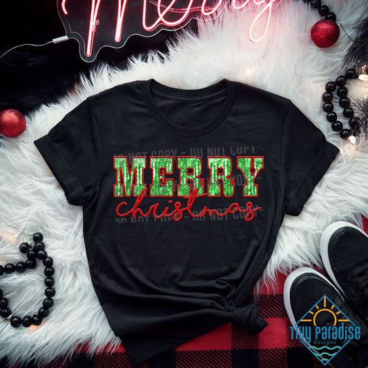 Bold Faux Green and Red Glitter 'Merry Christmas' T-Shirt in Black