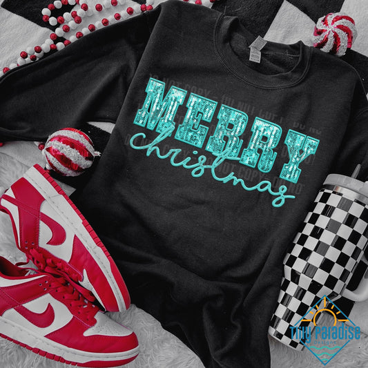 Bold Faux Turquoise Glitter 'Merry Christmas' Sweatshirt in Black