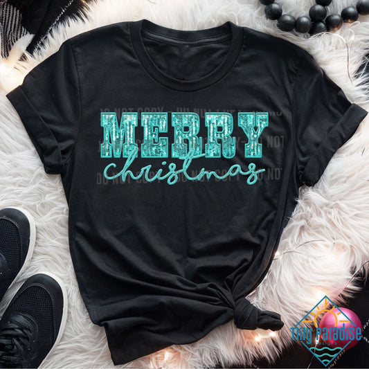 Bold Faux Turquoise Glitter 'Merry Christmas' T-Shirt in Black